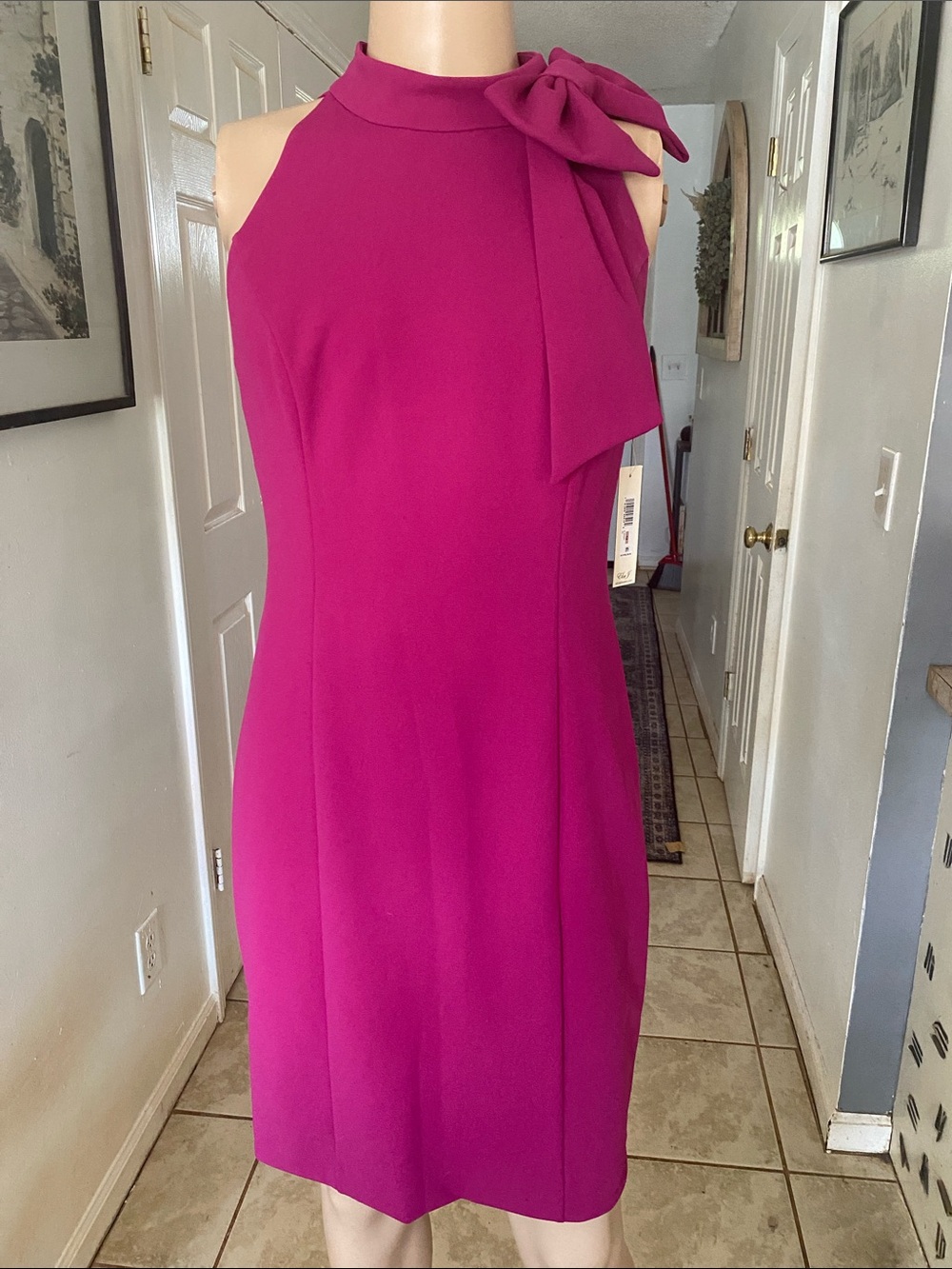 Eliza J Halter Bow-Accent Midi Dress in Fuchsia